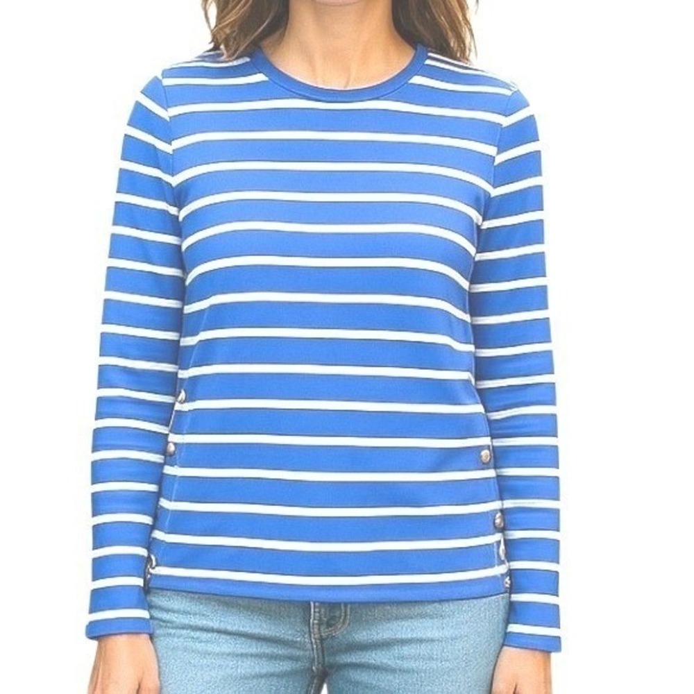 J. Crew Women's Striped Long‎ Sleeve Side Button Top Blue White Casual